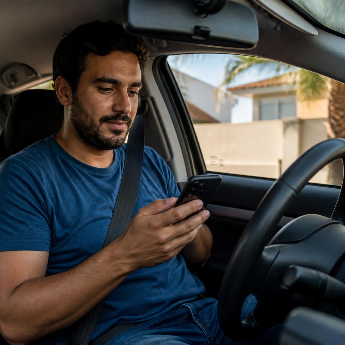 Motorista consultando o atendimento PPV pelo celular dentro do carro