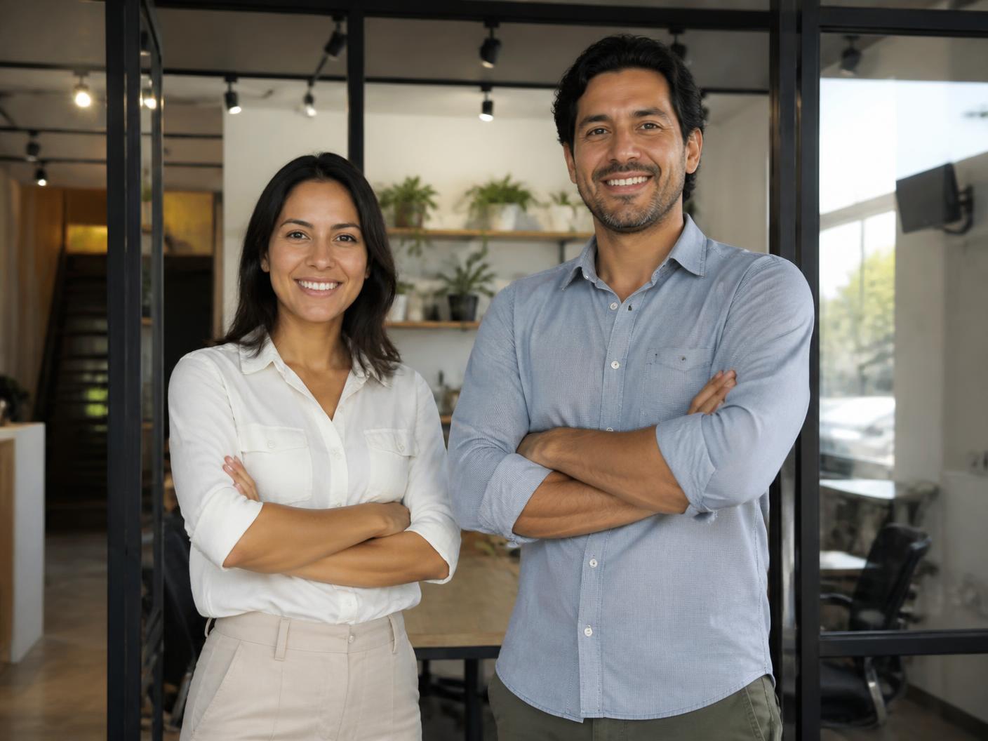 Dois sócios empreendedores sorrindo na recepção da sua unidade