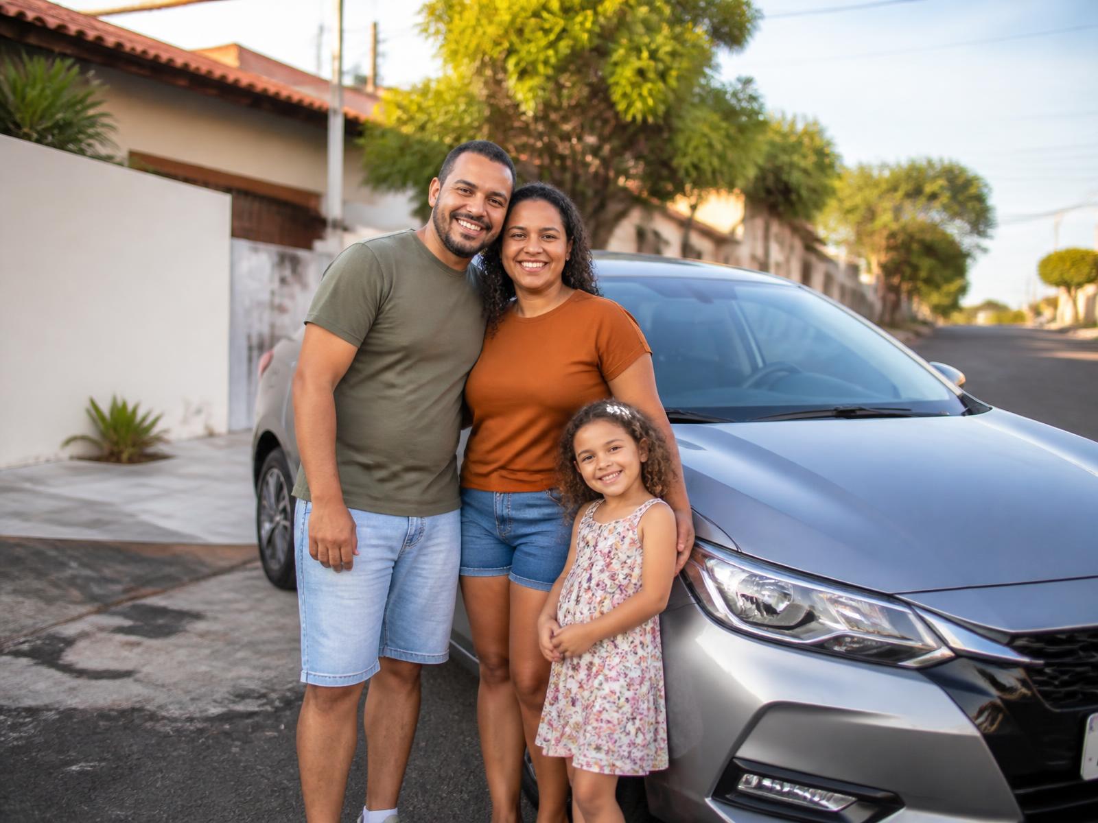 Família brasileira sorrindo ao lado do carro protegido pela PPV
