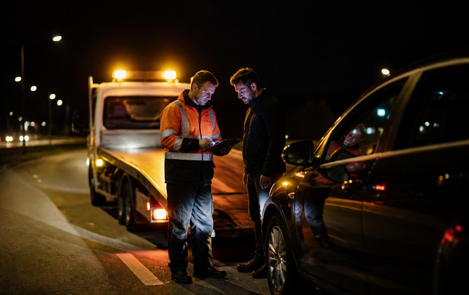 Guincho atendendo motorista na estrada durante a noite