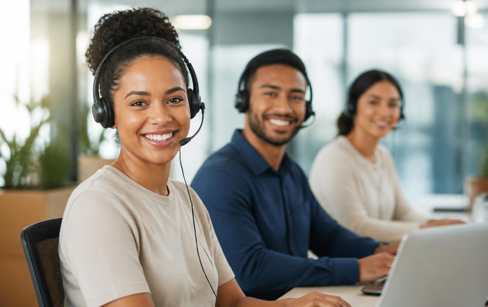 Equipe de atendimento da PPV sorrindo em escritório claro